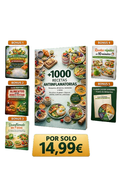 1000 Recetas Antiinflamatorias: Incluye 250 desayunos, 250 almuerzos, 250 meriendas y 250 cenas + 5 libros exclusivos de regalo